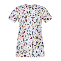 A short-sleeved tunic featuring a playful pattern of colourful characters and designs on a white background.
