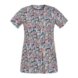 A tunic featuring an all-over print of colourful letters and numbers, with a round neckline and short sleeves.