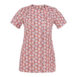 A short-sleeved tunic in coral with a playful pattern featuring various small designs. It has a logo on the side.