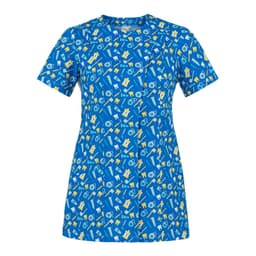 A blue tunic featuring an all-over pattern of yellow geometric shapes and icons. It has a logo on it.
