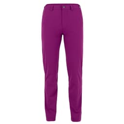 A pair of purple pants featuring a button closure and a snug fit, with a logo on the waistband.