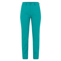 A pair of turquoise trousers with a slim fit and belt loops, featuring a front button closure and branding.