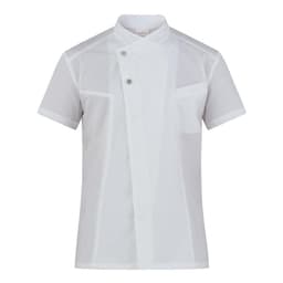 A white short-sleeved shirt with a mandarin collar and two buttons, featuring a chest pocket and minimalistic design.
