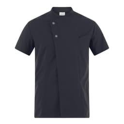 A short-sleeved jacket in black with a stand-up collar and two buttons, featuring a chest pocket and a logo.