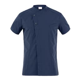 A short-sleeved navy blue jacket with a mandarin collar and button closure, featuring a chest pocket and branding.