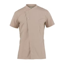 A beige short-sleeved jacket featuring a unique collar design and a front pocket, with a logo on the fabric.