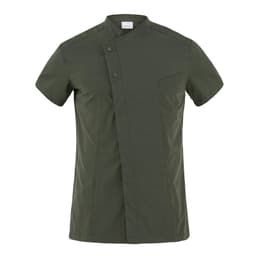A short-sleeved jacket in olive green with a unique buttoned design and a chest pocket. It features a logo.
