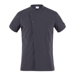 A grey short-sleeved jacket with a unique folded collar and two-button closure, featuring a chest pocket.