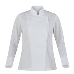 A white chef jacket with a high collar and long sleeves, featuring a simple design and a logo on the sleeve.