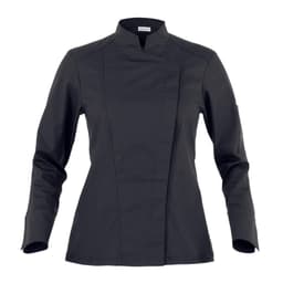 A black women's chef jacket featuring a modern design with a high collar and long sleeves. It has a logo on the sleeve.