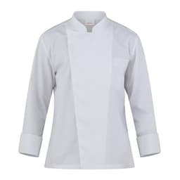 A white chef jacket featuring long sleeves and a front pocket, with a simple design and a brand logo.