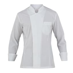 A white chef’s jacket with long sleeves and a single breast pocket. It features a double-breasted style and has a logo.
