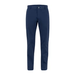 Navy blue pants with a fitted design, featuring a button and zip fly closure and a branded logo.