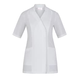 A white tunic with short sleeves and two side pockets, featuring a logo on the label.