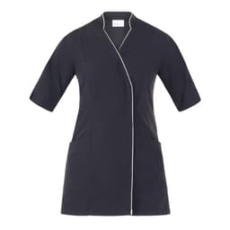 A dark grey tunic with short sleeves, featuring a wrap design and contrasting piping. It includes two front pockets and a logo.