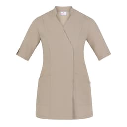 A beige tunic with a wrap design and short sleeves, featuring two front pockets and a branding logo.