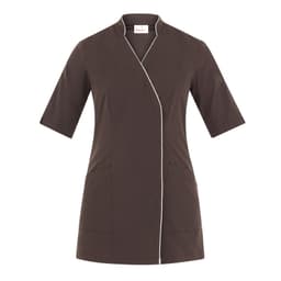 A brown tunic with a wrap design, featuring short sleeves and contrasting white piping, includes pockets and a logo.