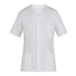 A white tunic with short sleeves and multiple pockets, featuring a logo on the label.