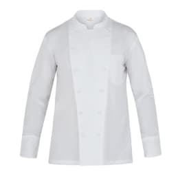 A white chef jacket with long sleeves, featuring a chest pocket and a branded logo.