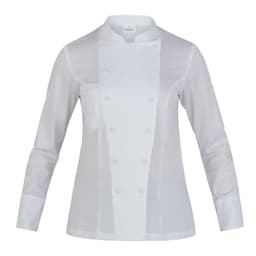 A white chef jacket with long sleeves and a front button closure. It features a logo on the chest area.