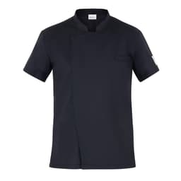 A black chef jacket with a mandarin collar and a single chest pocket, featuring a logo on the sleeve.