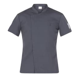 A grey chef jacket with a short sleeve design and a small pocket on the front. It features a logo on the sleeve.