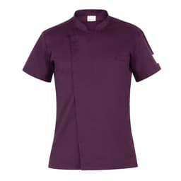 A purple chef jacket with a mandarin collar and short sleeves, featuring a single chest pocket and a logo.
