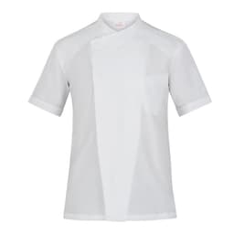A white chef jacket with a short sleeve design, featuring a single breast pocket and a branding logo.
