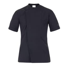 A black chef jacket with short sleeves, featuring a single pocket and a logo on the sleeve.