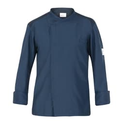 A navy chef jacket featuring long sleeves, a collarless design, and a single pocket with a logo.
