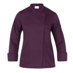 A purple chef jacket with long sleeves, featuring a rounded collar and a branding logo.
