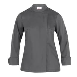 A grey chef's jacket with a mandarin collar and long sleeves featuring rolled cuffs and a logo on the sleeve.
