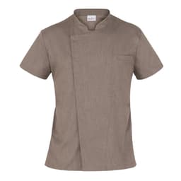 A brown chef jacket with a short sleeve design and a single breast pocket. It features a logo on the neck label.