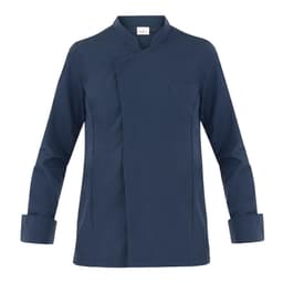 A navy blue chef's jacket featuring a mandarin collar and a single pocket on the front.