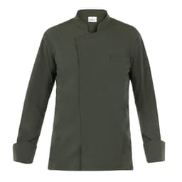 A dark green chef's jacket with a mandarin collar and long sleeves, featuring a small pocket.
