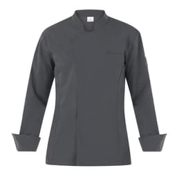 A grey chef's jacket with long sleeves and a stylish design, featuring a chest pocket and a logo.