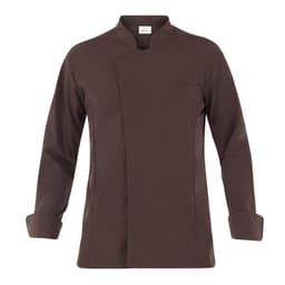 A brown chef's jacket featuring a modern design and a single chest pocket, with a branding logo.