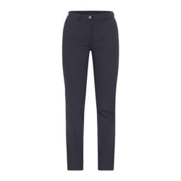 Dark grey trousers with a slim fit design, featuring a waistband and front pockets, and a logo on the back.