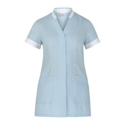 A light blue tunic with short sleeves and white trim, featuring two front pockets and a simple collar.