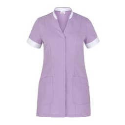 A lavender tunic with short sleeves and white trim, featuring pockets and a collar. It has a branding logo.