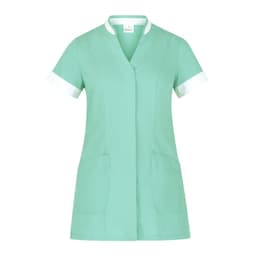 A mint green tunic with short sleeves, featuring white cuffs and two front pockets. It has a logo on the neckline.