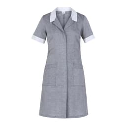 A grey dress with short sleeves and a white collar, featuring two front pockets and a logo.