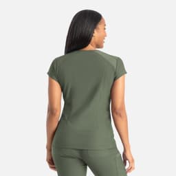 A green banded V-neck top featuring short sleeves, with a fitted design. The back view highlights its sleek silhouette.