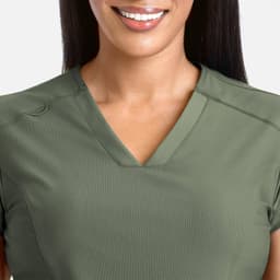 A banded v-neck top in olive green featuring a relaxed fit and a subtle logo.