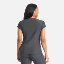 A grey women's top with a banded V-neck design, featuring short sleeves and a snug fit. The back shows a sleek silhouette.