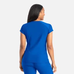 A blue banded V-neck top with short sleeves, showcasing a smooth back design and a fitted silhouette.