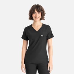A black V-neck top with short sleeves features a small logo on the chest.