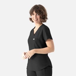 A black Y-neck top with short sleeves and a pocket, featuring a logo on the front.