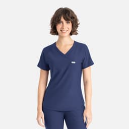 A navy blue Y-neck top with short sleeves and a small logo on the chest.