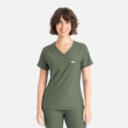 A olive green Y-neck top with short sleeves and a logo on the front.